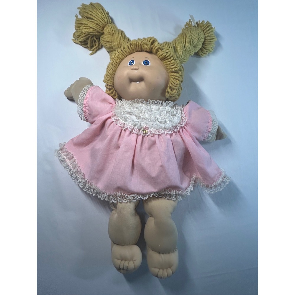 Cabbage Patch Kids Doll Vintage Kids 16" Pink Lace Dress Blonde Yarn Pigtails